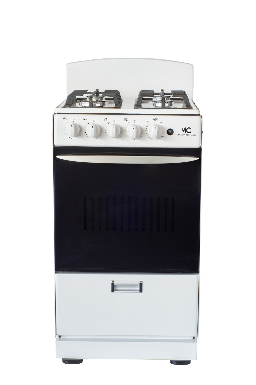 Magnificent Chef 20" Freestanding Gas Range, 2.4 Cu Ft Space Saver Oven, White | 1 Ultra-Fast & 3 Fast Burners, Cast Iron Grates, LP/NG Ready MGR20DNM54BDIB | Delivery Included & 2-Year Warranty