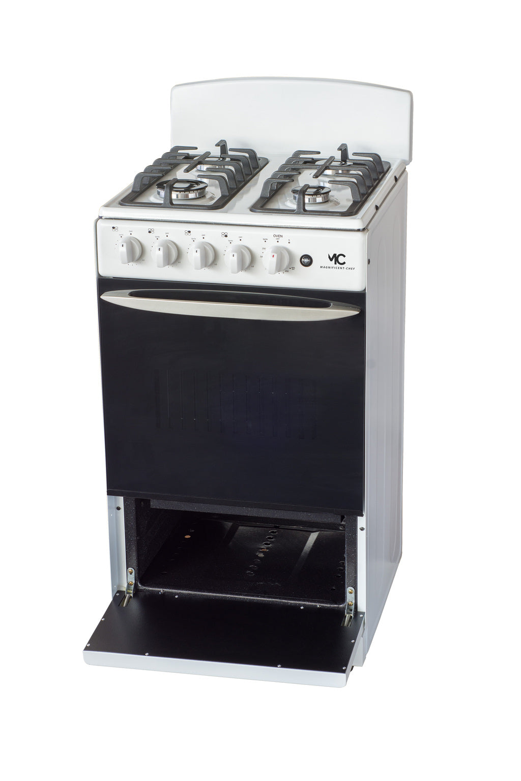 Magnificent Chef 20" Freestanding Gas Range, 2.4 Cu Ft Space Saver Oven, White | 1 Ultra-Fast & 3 Fast Burners, Cast Iron Grates, LP/NG Ready MGR20DNM54BDIB | Delivery Included & 2-Year Warranty