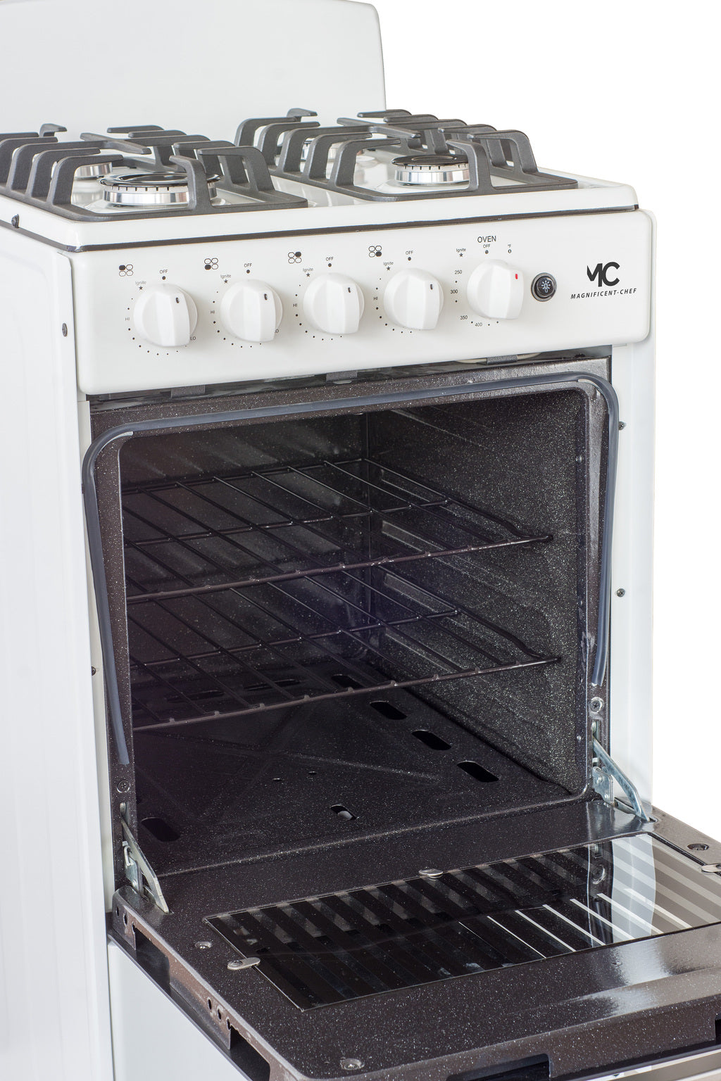 Magnificent Chef 20" Freestanding Gas Range, 2.4 Cu Ft Space Saver Oven, White | 1 Ultra-Fast & 3 Fast Burners, Cast Iron Grates, LP/NG Ready MGR20DNM54BDIB | Delivery Included & 2-Year Warranty
