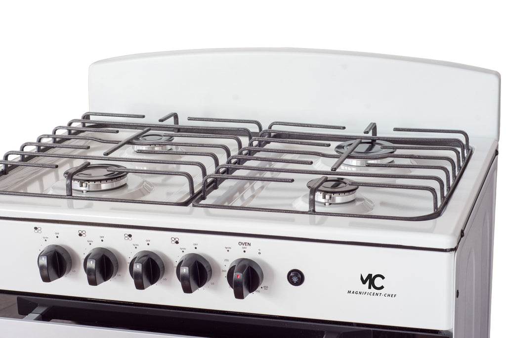 Magnificent Chef 30" Freestanding Gas Range, 4.0 Cu Ft Space Saver Oven, White | 2 Ultra-Fast & 2 Fast Burners, Cast Iron Grates, LP/NG Ready MGR30DNM54BDB | Delivery Included & 2-Year Warranty