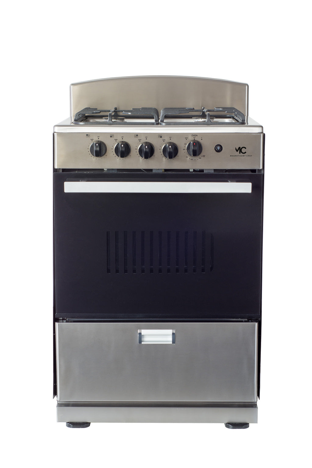 Magnificent Chef 24" Freestanding Gas Range, 3.0 Cu Ft Space Saver Oven, Stainless Steel | 1 Ultra-Fast & 3 Fast Burners, Cast Iron Grates, MGR24DNM54TDIB | Delivery Included & 2-Year Warranty