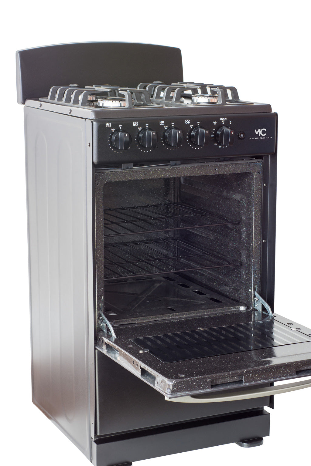 Magnificent Chef 20" Freestanding Gas Range, 2.4 Cu Ft Space Saver Oven, Black | 1 Ultra-Fast & 3 Fast Burners, Cast Iron Grates, LP/NG Ready MGR20DNM54BDIB | Delivery Included & 2-Year Warranty