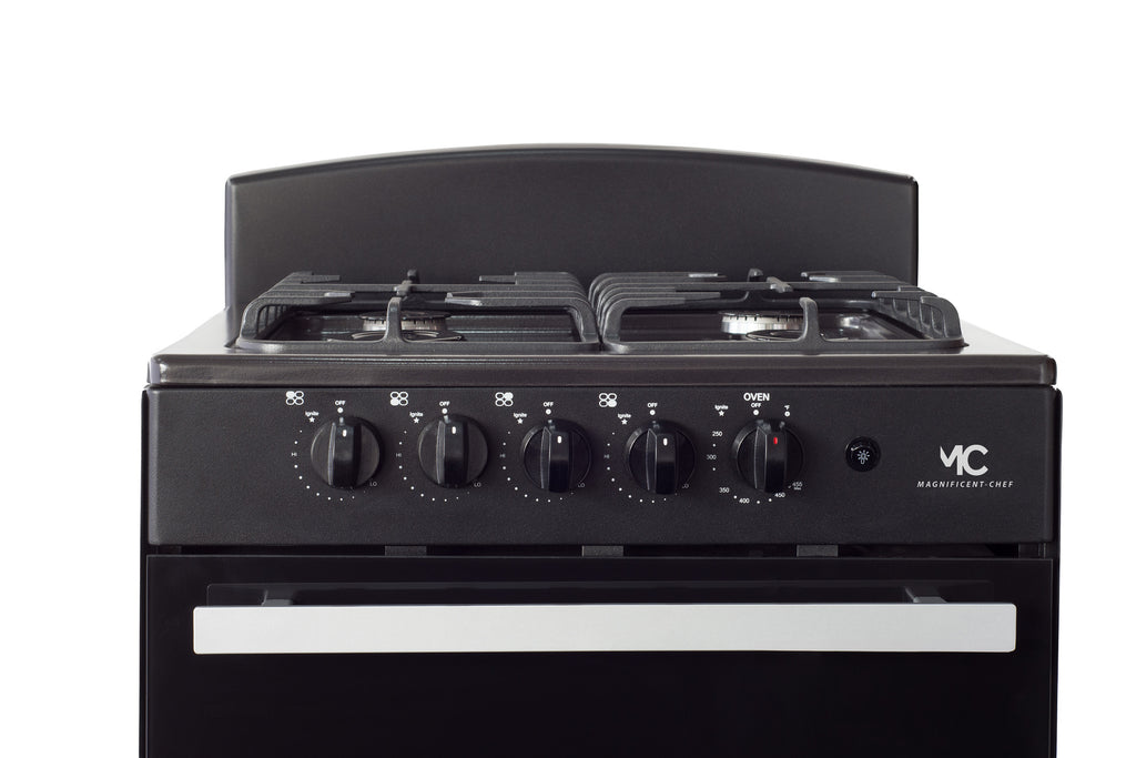 Magnificent Chef 24" Freestanding Gas Range, 3.0 Cu Ft Space Saver Oven, Black | 1 Ultra-Fast & 3 Fast Burners, Cast Iron Grates, LP/NG Ready MGR24DNM54BDIB | Delivery Included & 2-Year Warranty