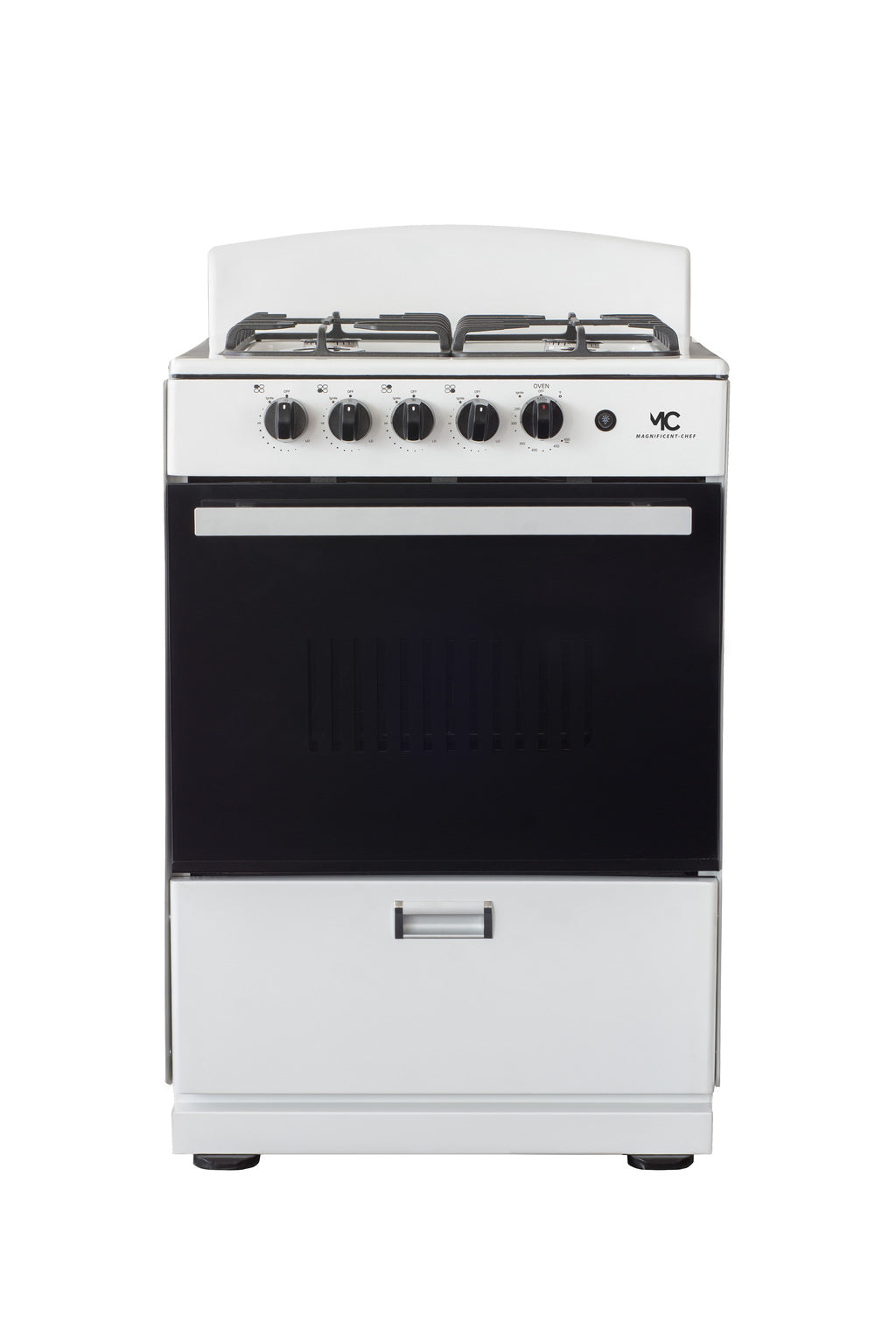 Magnificent Chef 24" Freestanding Gas Range, 3.0 Cu Ft Space Saver Oven, White | 1 Ultra-Fast & 3 Fast Burners, Cast Iron Grates, LP/NG Ready MGR24DNM54WDIB | Delivery Included & 2-Year Warranty