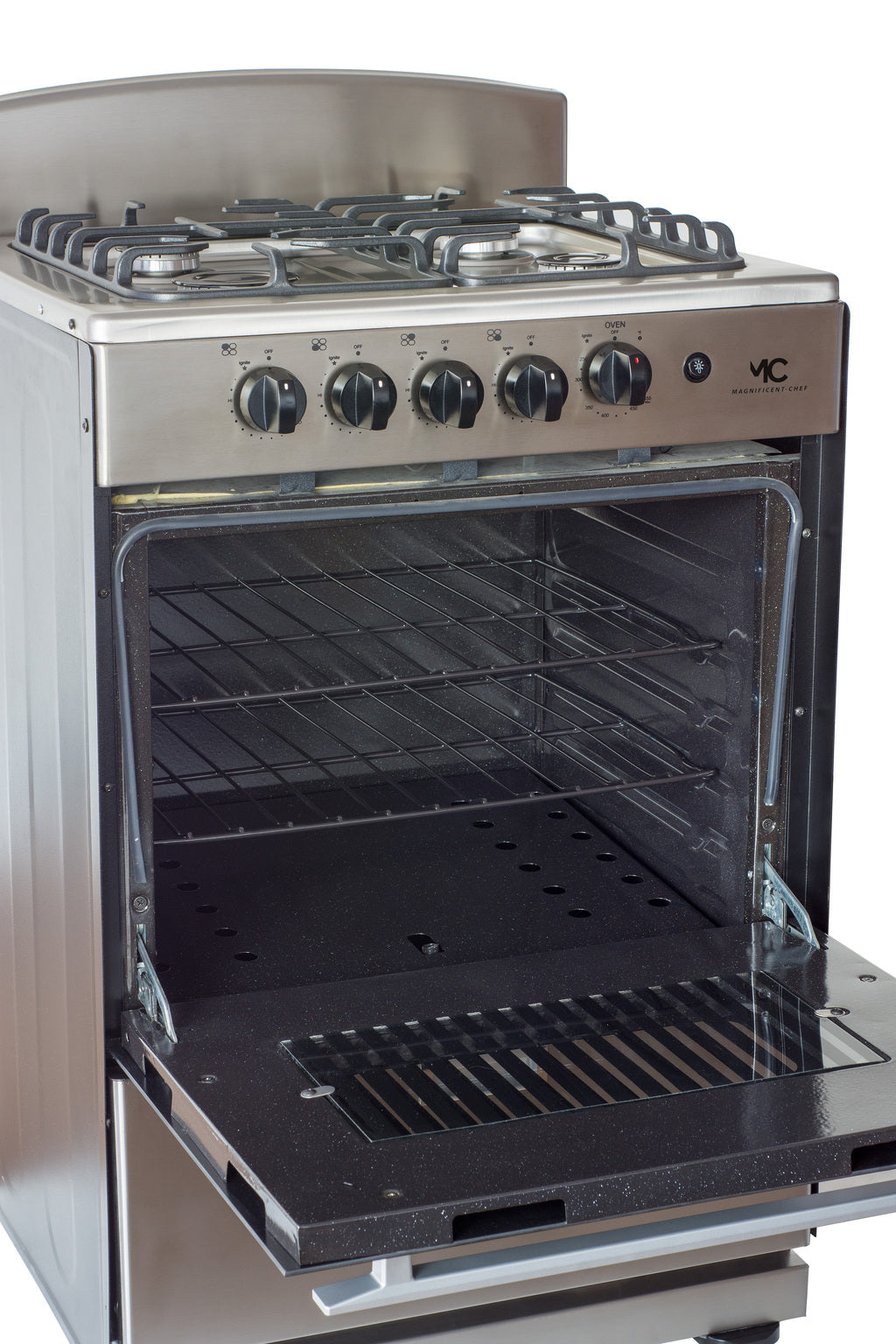Magnificent Chef 24" Freestanding Gas Range, 3.0 Cu Ft Space Saver Oven, Stainless Steel | 1 Ultra-Fast & 3 Fast Burners, Cast Iron Grates, MGR24DNM54TDIB | Delivery Included & 2-Year Warranty