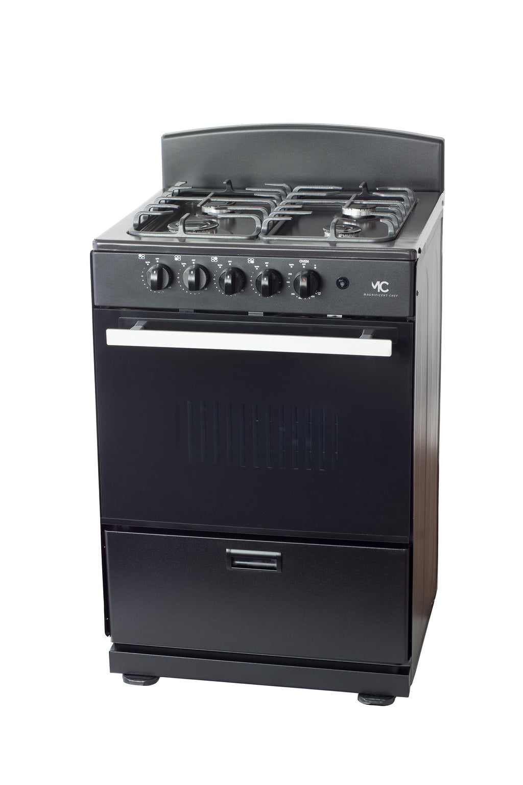 Magnificent Chef 24" Freestanding Gas Range, 3.0 Cu Ft Space Saver Oven, Black | 1 Ultra-Fast & 3 Fast Burners, Cast Iron Grates, LP/NG Ready MGR24DNM54BDIB | Delivery Included & 2-Year Warranty