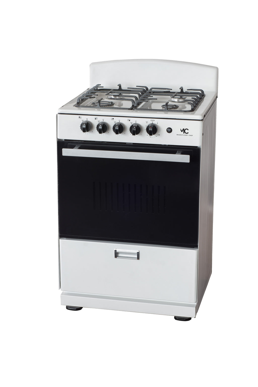 Magnificent Chef 24" Freestanding Gas Range, 3.0 Cu Ft Space Saver Oven, White | 1 Ultra-Fast & 3 Fast Burners, Cast Iron Grates, LP/NG Ready MGR24DNM54WDIB | Delivery Included & 2-Year Warranty