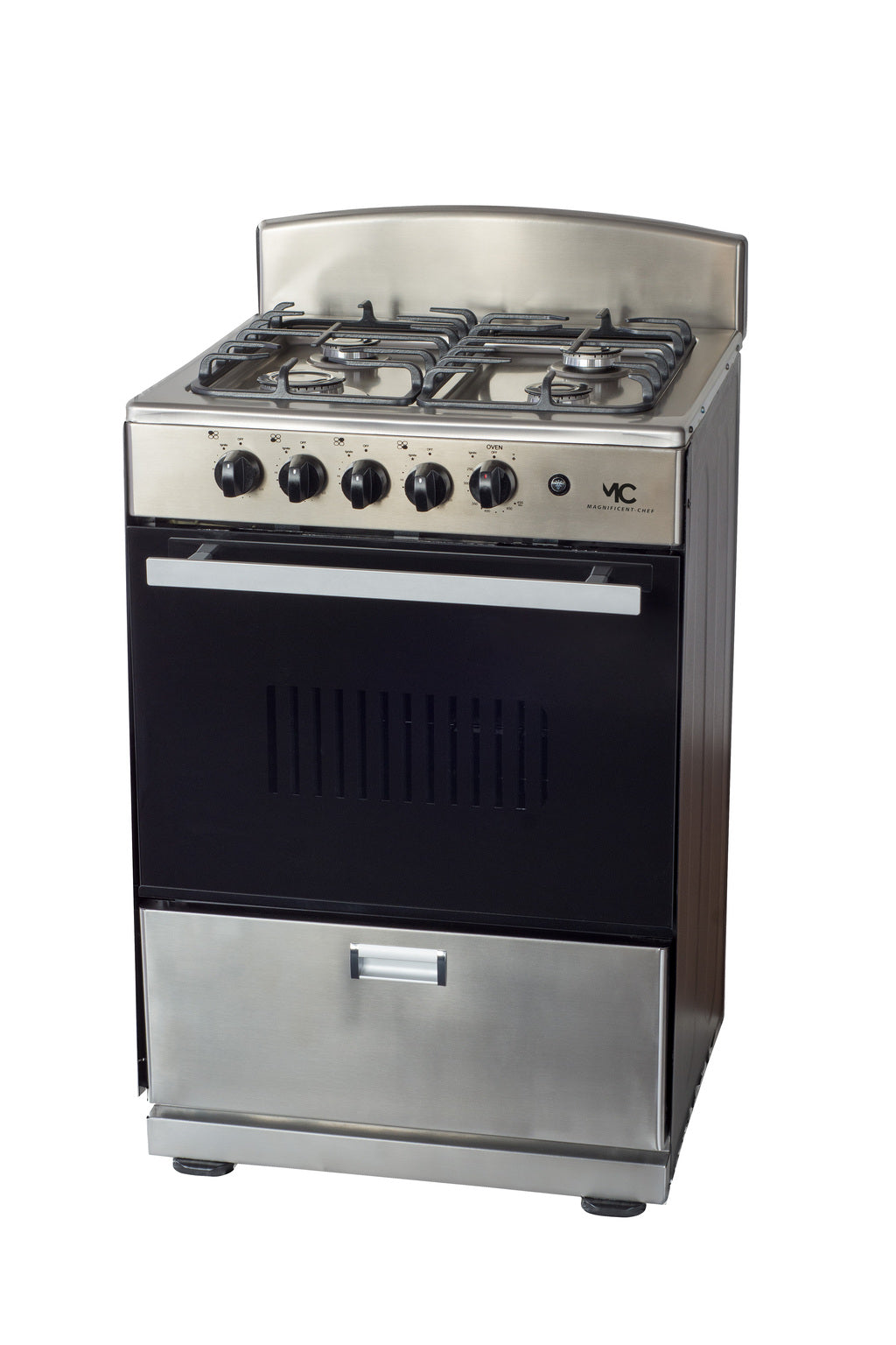Magnificent Chef 24" Freestanding Gas Range, 3.0 Cu Ft Space Saver Oven, Stainless Steel | 1 Ultra-Fast & 3 Fast Burners, Cast Iron Grates, MGR24DNM54TDIB | Delivery Included & 2-Year Warranty