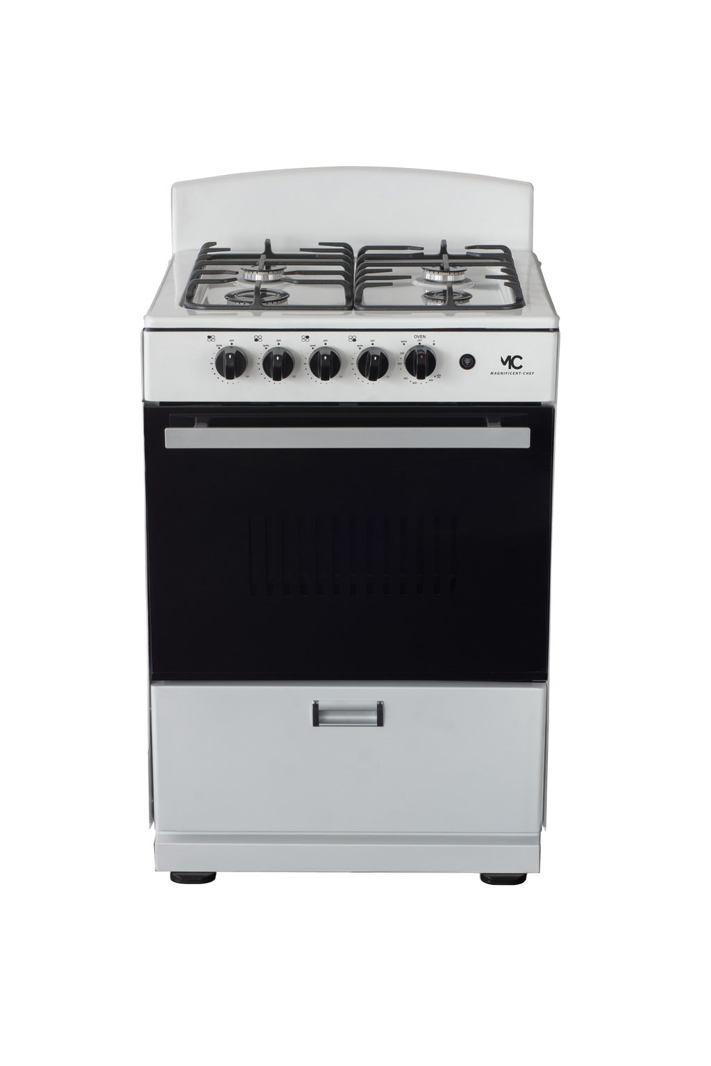 Magnificent Chef 24" Freestanding Gas Range, 3.0 Cu Ft Space Saver Oven, White | 1 Ultra-Fast & 3 Fast Burners, Cast Iron Grates, LP/NG Ready MGR24DNM54WDIB | Delivery Included & 2-Year Warranty