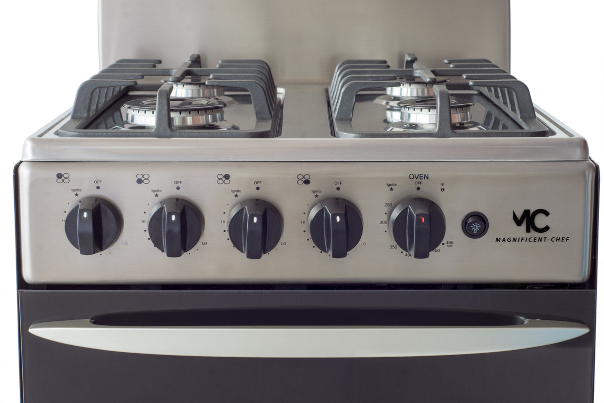 Magnificent Chef 20" Freestanding Gas Range, 2.4 Cu Ft Space Saver Oven, Stainless Steel | 1 Ultra-Fast & 3 Fast Burners, Cast Iron Grates, MGR20DNM54TDIB | Delivery Included & 2-Year Warranty