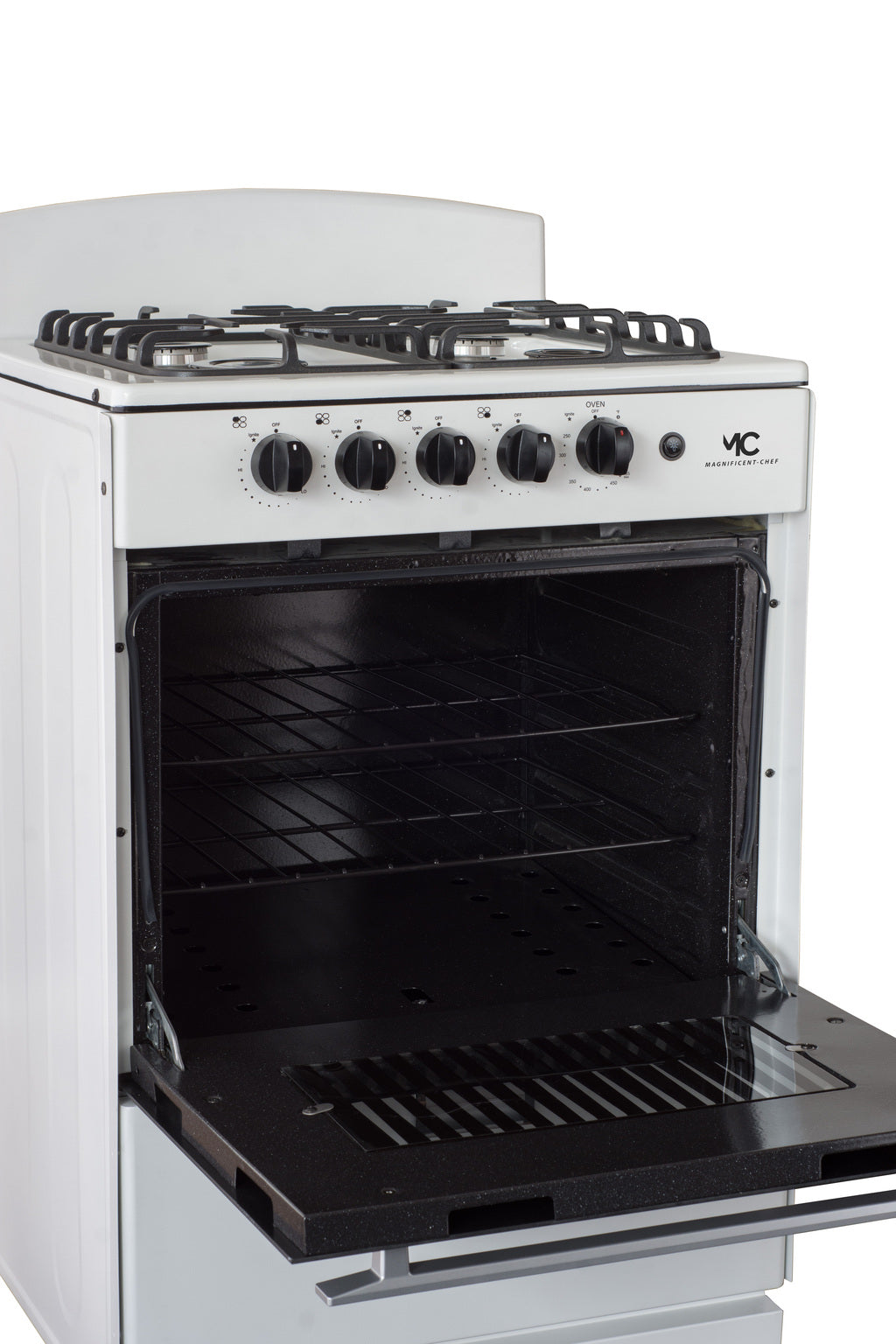 Magnificent Chef 24" Freestanding Gas Range, 3.0 Cu Ft Space Saver Oven, White | 1 Ultra-Fast & 3 Fast Burners, Cast Iron Grates, LP/NG Ready MGR24DNM54WDIB | Delivery Included & 2-Year Warranty