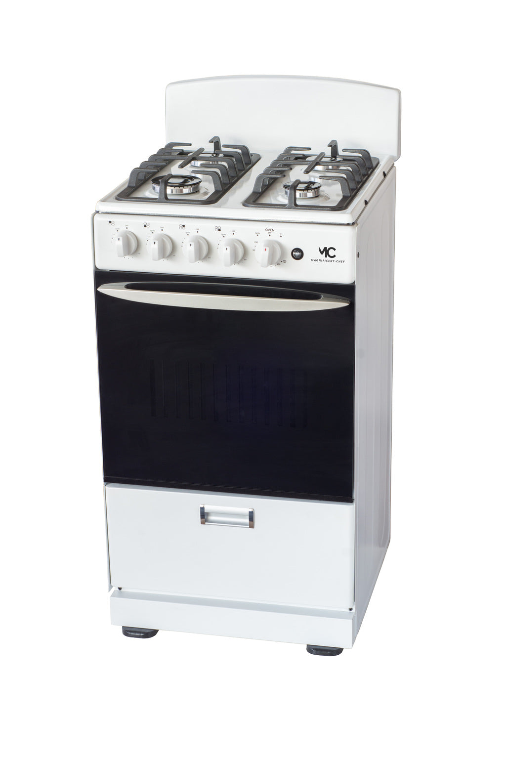 Magnificent Chef 20" Freestanding Gas Range, 2.4 Cu Ft Space Saver Oven, White | 1 Ultra-Fast & 3 Fast Burners, Cast Iron Grates, LP/NG Ready MGR20DNM54BDIB | Delivery Included & 2-Year Warranty
