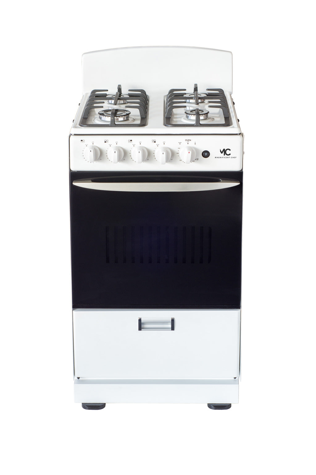Magnificent Chef 20" Freestanding Gas Range, 2.4 Cu Ft Space Saver Oven, White | 1 Ultra-Fast & 3 Fast Burners, Cast Iron Grates, LP/NG Ready MGR20DNM54BDIB | Delivery Included & 2-Year Warranty