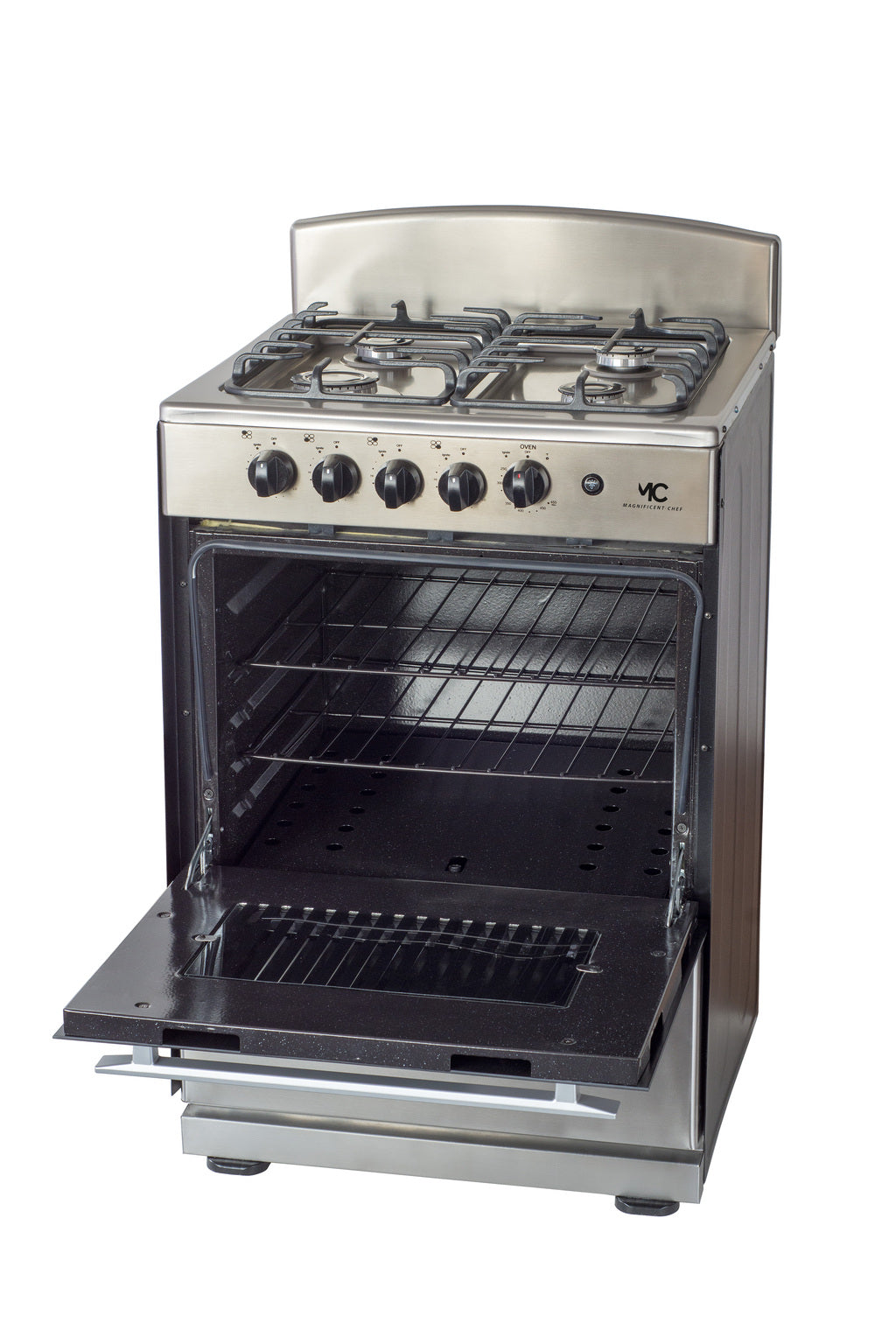 Magnificent Chef 24" Freestanding Gas Range, 3.0 Cu Ft Space Saver Oven, Stainless Steel | 1 Ultra-Fast & 3 Fast Burners, Cast Iron Grates, MGR24DNM54TDIB | Delivery Included & 2-Year Warranty