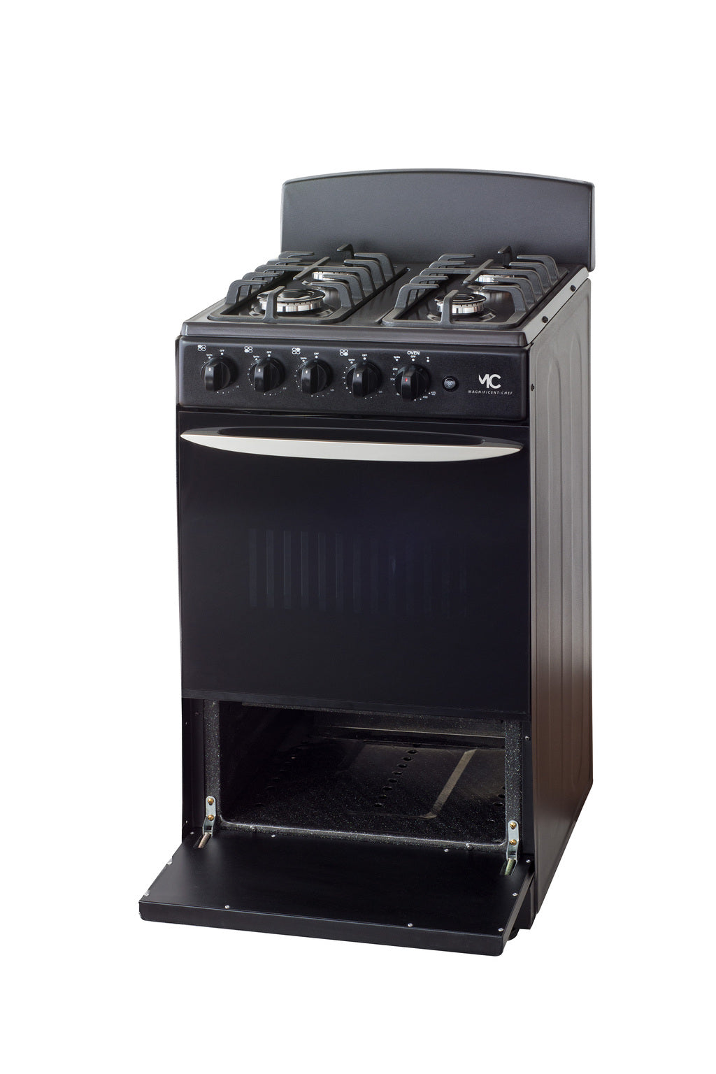 Magnificent Chef 20" Freestanding Gas Range, 2.4 Cu Ft Space Saver Oven, Black | 1 Ultra-Fast & 3 Fast Burners, Cast Iron Grates, LP/NG Ready MGR20DNM54BDIB | Delivery Included & 2-Year Warranty