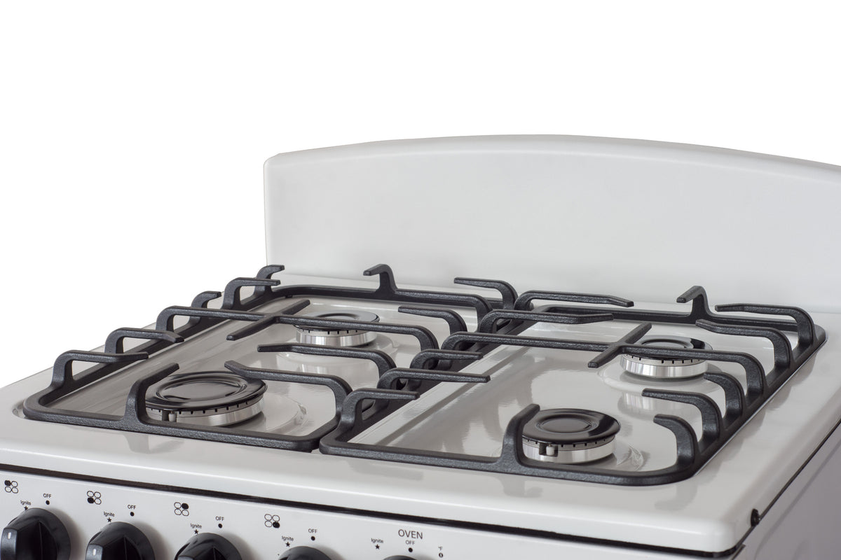 Magnificent Chef 24" Freestanding Gas Range, 3.0 Cu Ft Space Saver Oven, White | 1 Ultra-Fast & 3 Fast Burners, Cast Iron Grates, LP/NG Ready MGR24DNM54WDIB | Delivery Included & 2-Year Warranty
