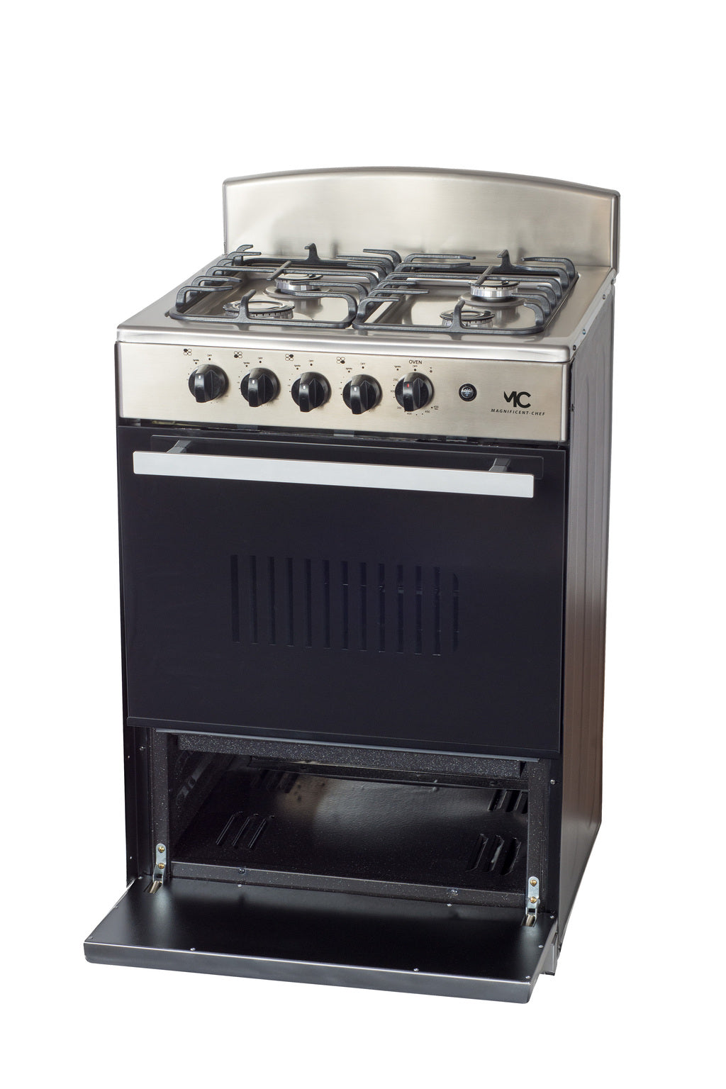 Magnificent Chef 24" Freestanding Gas Range, 3.0 Cu Ft Space Saver Oven, Stainless Steel | 1 Ultra-Fast & 3 Fast Burners, Cast Iron Grates, MGR24DNM54TDIB | Delivery Included & 2-Year Warranty