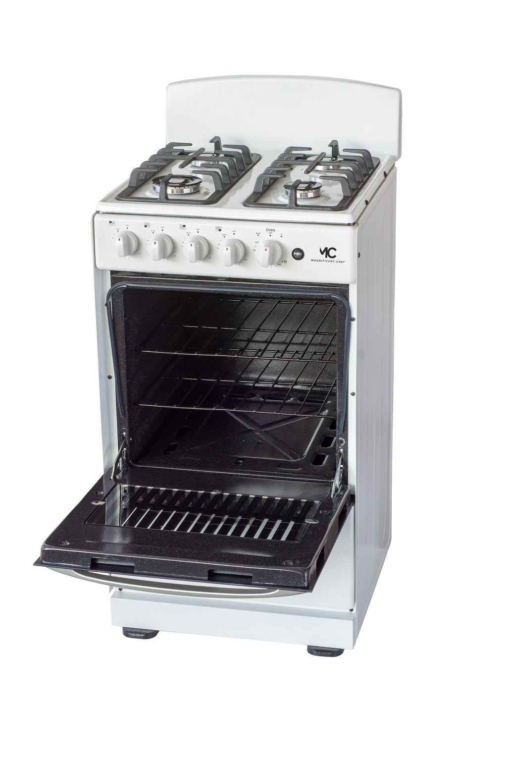 Magnificent Chef 20" Freestanding Gas Range, 2.4 Cu Ft Space Saver Oven, White | 1 Ultra-Fast & 3 Fast Burners, Cast Iron Grates, LP/NG Ready MGR20DNM54BDIB | Delivery Included & 2-Year Warranty