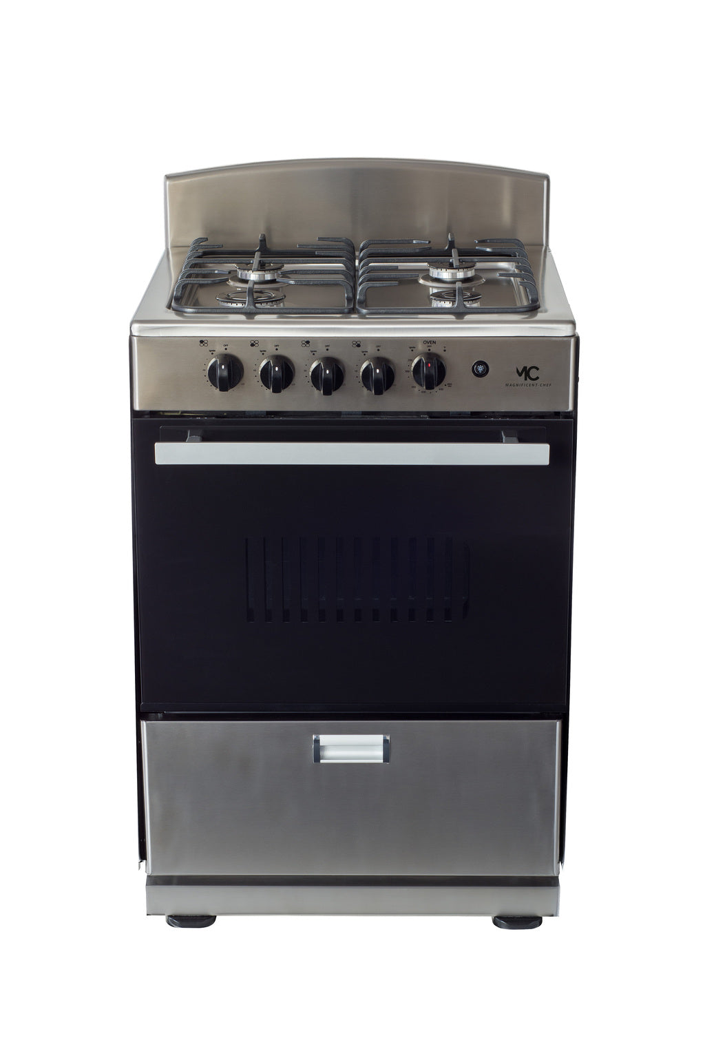 Magnificent Chef 24" Freestanding Gas Range, 3.0 Cu Ft Space Saver Oven, Stainless Steel | 1 Ultra-Fast & 3 Fast Burners, Cast Iron Grates, MGR24DNM54TDIB | Delivery Included & 2-Year Warranty