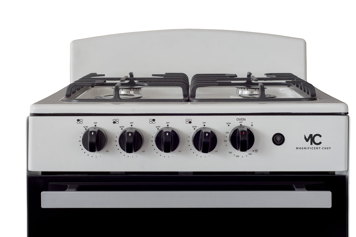 Magnificent Chef 24" Freestanding Gas Range, 3.0 Cu Ft Space Saver Oven, White | 1 Ultra-Fast & 3 Fast Burners, Cast Iron Grates, LP/NG Ready MGR24DNM54WDIB | Delivery Included & 2-Year Warranty