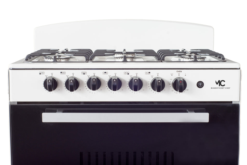 Magnificent Chef 30" Freestanding Gas Range, 4.0 Cu Ft Space Saver Oven, White | 3 Ultra-Fast & 3 Fast Burners, Cast Iron Grates, LP/NG Ready MGR30DNM56WDIB | Delivery Included & 2-Year Warranty