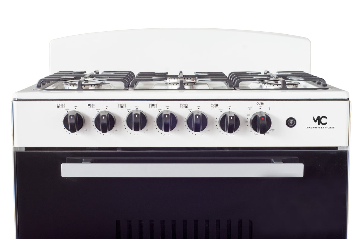 Magnificent Chef 30" Freestanding Gas Range, 4.0 Cu Ft Space Saver Oven, White | 3 Ultra-Fast & 3 Fast Burners, Cast Iron Grates, LP/NG Ready MGR30DNM56WDIB | Delivery Included & 2-Year Warranty