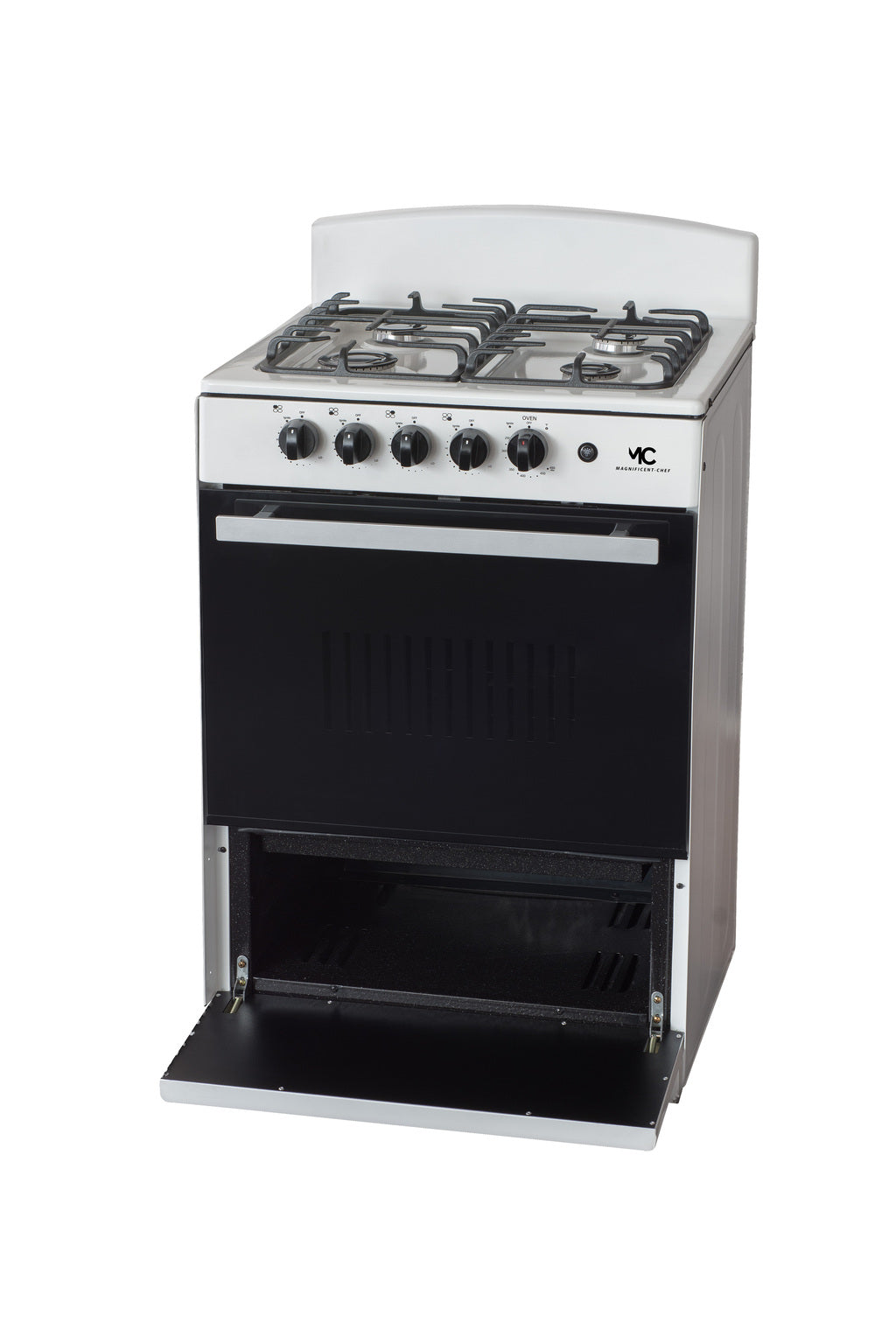 Magnificent Chef 24" Freestanding Gas Range, 3.0 Cu Ft Space Saver Oven, White | 1 Ultra-Fast & 3 Fast Burners, Cast Iron Grates, LP/NG Ready MGR24DNM54WDIB | Delivery Included & 2-Year Warranty