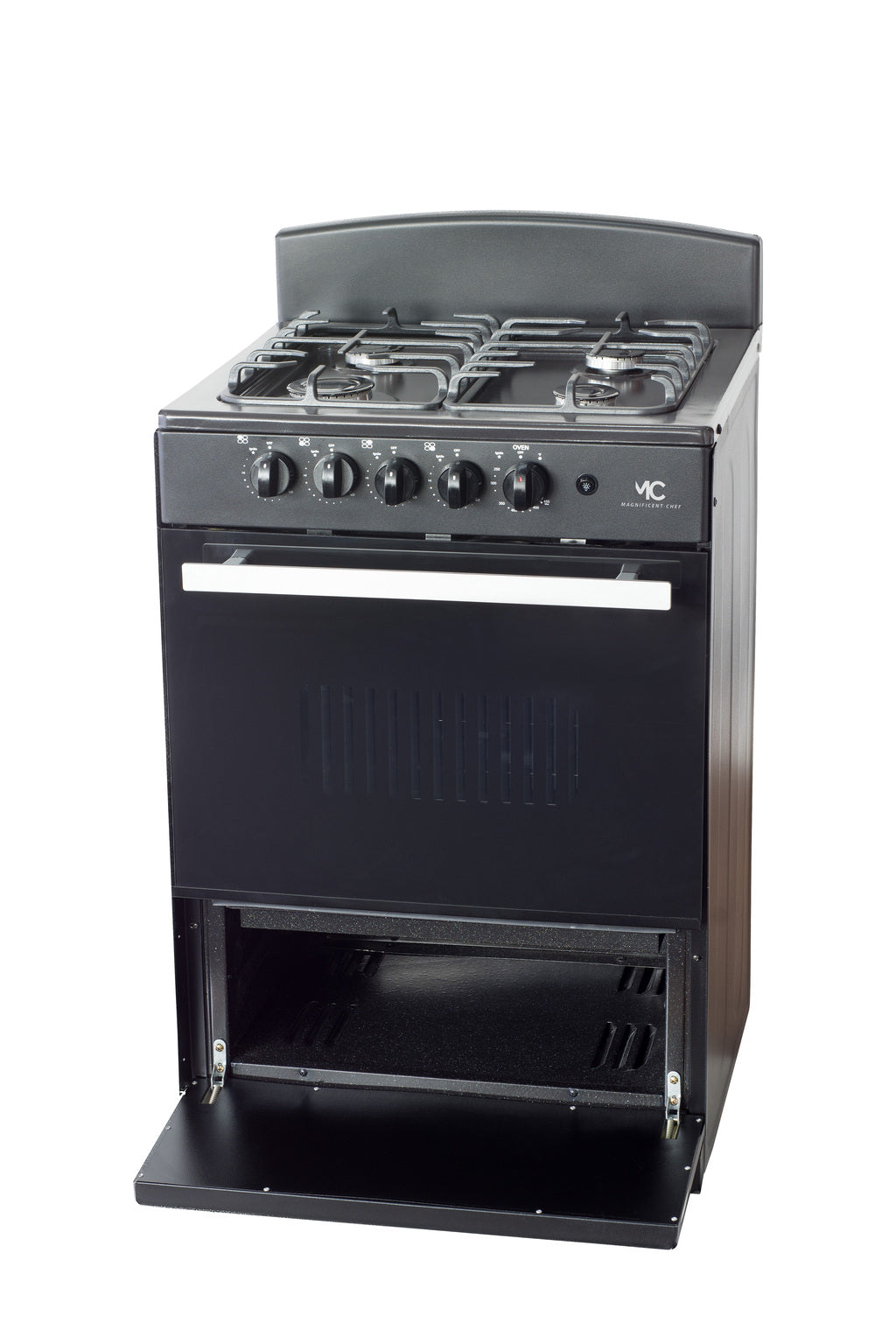 Magnificent Chef 24" Freestanding Gas Range, 3.0 Cu Ft Space Saver Oven, Black | 1 Ultra-Fast & 3 Fast Burners, Cast Iron Grates, LP/NG Ready MGR24DNM54BDIB | Delivery Included & 2-Year Warranty