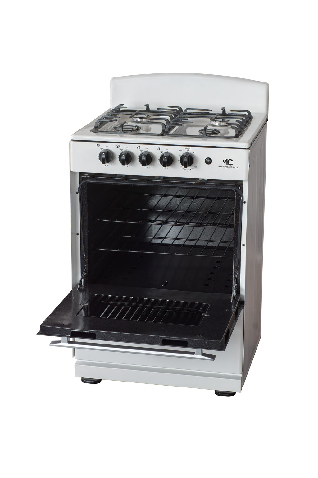 Magnificent Chef 24" Freestanding Gas Range, 3.0 Cu Ft Space Saver Oven, White | 1 Ultra-Fast & 3 Fast Burners, Cast Iron Grates, LP/NG Ready MGR24DNM54WDIB | Delivery Included & 2-Year Warranty